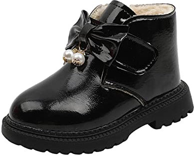 TDEOK Stivaletti da neve, da ragazza, con chiusura lampo, antiscivolo, corti, in pelle laccata, da giardino, per le mezze stagioni, per bambini, Nero , 35 EU