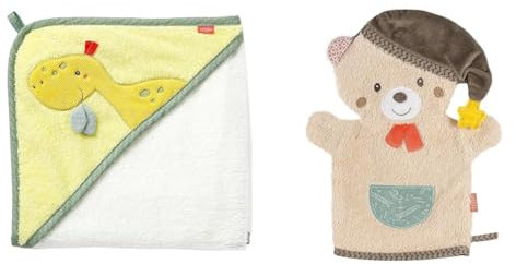 Fehn Badetuch Baby Dino - Badehandtuch Kinder Poncho aus Frottee & Waschlappen Bär - Waschhandschuh mit Tiermotiv