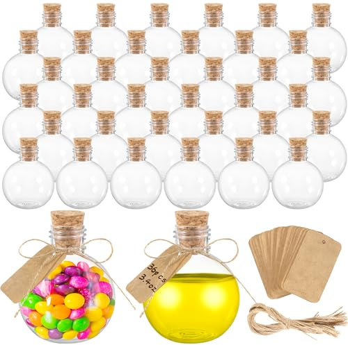 Dlerom 36 Pcs Spherical Plastic Potion Bottles, 3.4 oz (100ml) Round Bottles with Corks and Tags, Decorative Bottle, Craft, DIY, Party Favor, Gift