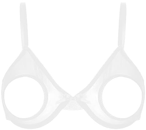FEESHOW Womens Sexy Sheer See Through Mesh Bra Top Hollow Out Plunge Bras Lingerie Bralette White S