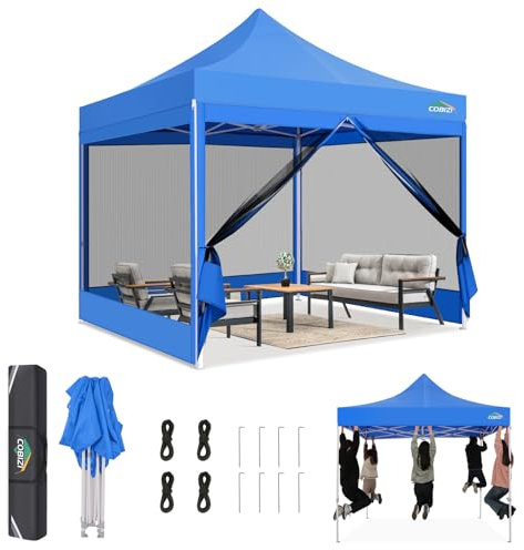 COBIZI Pavillon 3x3m faltbar wasserdicht & Winterfest (Blau) – Stabiles Gartenzelt mit 23mm Stahlrohr, UV50+ und Moskitonetzen für Camping/Partys + Tragetasche