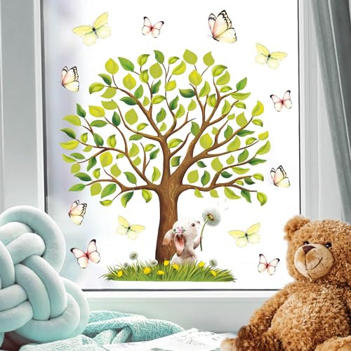 Fensterbild Frühling Ostern Baum Hase Pusteblume Schmetterlinge Fensterdeko Kinderzimmer Osterdeko Frühlingsdeko, 3. A2 Bogen