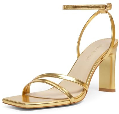 MIRAAZZURRA Damen Sandalen Klobig High Heel Quadratische Offene Zehe Slingback Heel Sandalen with Ankle Strap für Kleider Party Schuhe Gold 40