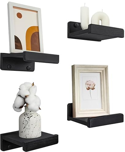 Handgearbeitet Kleine Wandregal Schwarz 13 cm, Mini Regal Wand Holz 4er-Set, Hängeregal Wandhalterung Regalbrett, Schweberegal Schmales Bilderleiste für Badezimmer, Wohnzimmer, Küche, Schlafzimmer