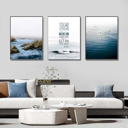 Herfair Bilder Wohnzimmer Poster 3er Set Blaues Meer Wandbilder Aesthetic Wanddeko Leinwand Bilder, Ohne Rahmen (40 x 50 cm)