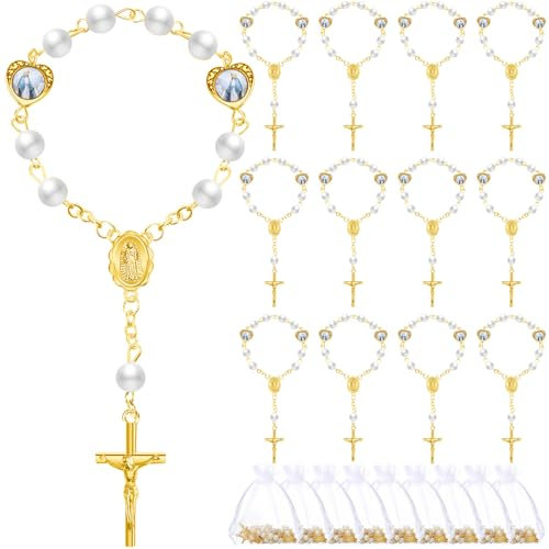 Misdary Mini-Rosenkranz für Taufe, mit Organza-Beuteln, Kunstperlen, Tauf-Rosenkranz, Gastgeschenke für Gäste, katholischer Finger-Rosenkranz für Taufe, Hochzeit, Partygeschenk,
