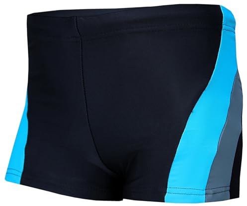 Aquarti Badehose Jungen mit Kordelzug – Schwimmhose Jungen Kinder, Badehosen für Jungen Sportlich & Schnell Trocknend, Farbe: Schwarz/Grau/Hellblau, Größe: 128