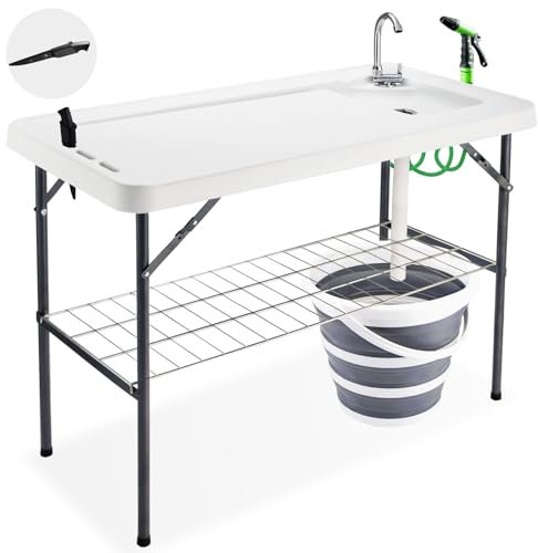 Avocahom Folding Fish Cleaning Table with Collapsible Bucket, Portable Outdoor Fillet Station Camping Sink Table with Faucet, Drainage Hose & Sprayer, Grid Rack, Knife Groove for Picnic Fishing