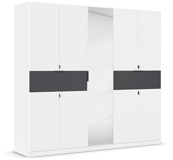 Rauch Möbel TICAO, Kleiderschrank, Farbe Weiß/Grau metallic, Breite 226 cm | Schrank, Mehrzweckschrank, 9-türig, Spiegel, 2 Schubladen, für Schlafzimmer, Kinderzimmer, Homeoffice, Garderobe, Flur