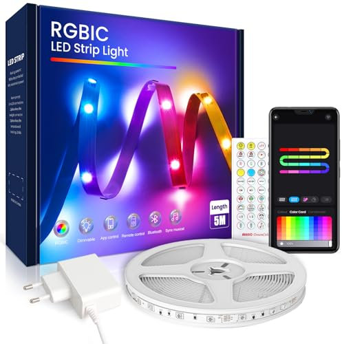 Beaeet Tiras LED 5 Metros RGBIC 5050, Luces LED con App y Mando, Sincronización con la Música, Ideal para Luces LED Habitación, Decoración de Fiestas y Navidad(5m*1)