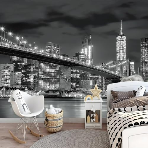 Fototapeten Skyline Von New York City Bei Nacht Wandtapete Vlies Wand Tapete XXL Brooklyn Bridge - 300 x 210 cm - Schlafzimmer Büro Flur Dekoration Wandbilder Moderne Wanddeko Fototapete