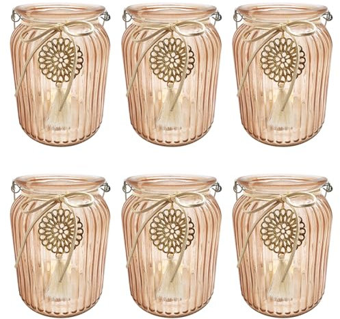 pajoma® Kerzenhalter 6er-Set aus Glas - mit Henkel und Anhänger, Mandala | H 14.5 x Ø 11 cm, Pantone 7590C Tischdekoration für Hochzeit, Deko