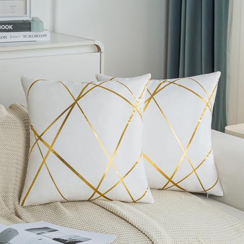 Kiatuniya Kissenbezug 50 x 50 cm Sofakissen 2er Set Weiß Kissenbezüg mit Gold Modernes Kissenhülle Dekokissen Samt Kissenhülle für Schlafzimmer Couch Sofa Bett