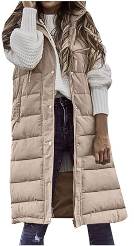 Women Hooded Padded Gilet Longline Quilted Jacket Sleeveless Bodywarmer Padded Vest Jacket Winter Warm Outwear With Pocket Thermal Puffer Gilet Coats Winter Jackets for Women UK