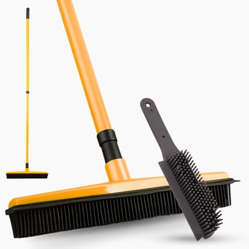 Rubber Bristle and Pet Hair Removal Brush Set, extend 122cm 48 inches Long Handle Soft Push Fur Remover Broom with Squeegee, Indoor Use for Carpet, Floor, Sofa and window Dog Cat Outdoor Cleaning