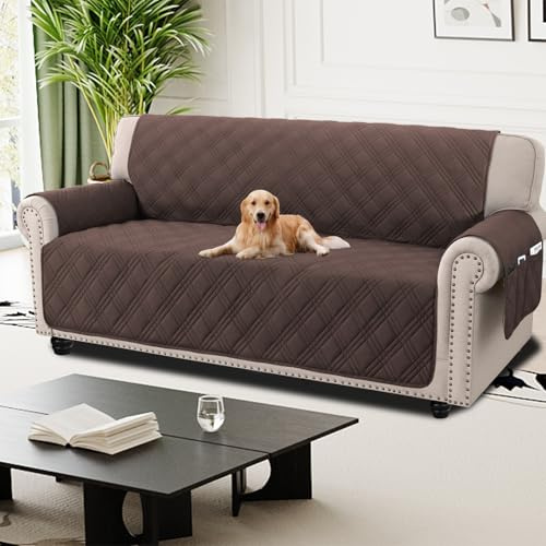 H.Versailtex Sofabezüge 3-Sitzer, 100% wasserdicht, Couchbezüge mit Seitentasche, rutschfeste Sofabezüge für Hunde und Haustiere, waschbarer Sofaschoner mit Gummiband, Braun
