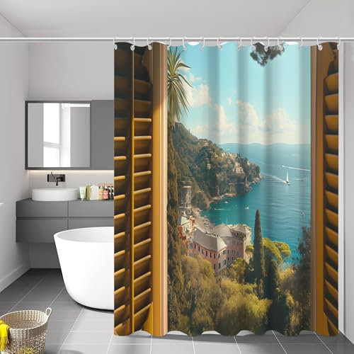 GDJSMIN Duschvorhang Grüne Fensterläden, Strandblick Duschvorhänge Anti-Schimmel Wasserdicht Stoff Blickdicht Waschbar Bad Vorhang mit Haken für Badzimmer H200 x B240 cm (1er Pack)