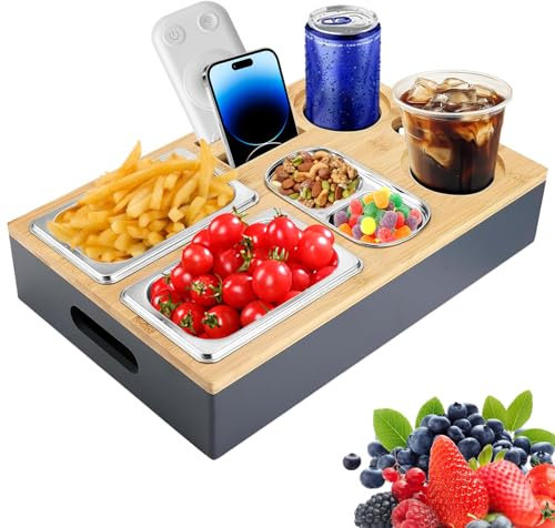 Bamboo Couch Bar Snack Box for Sofas Beds Picnics Camping, Wooden Sofa Tray with Multiple Storage Spaces & Removable Stainless Steel Bowls, Serving Tray Organiser for Snacks, Drinks, Wine Glasses