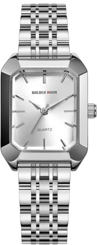GOLDEN HOUR Armbanduhr Damen Rechteckig Analog Quarz Uhr Damen Silber mit Edelstahlband Modisch Lässig Wasserdicht Vintage-Armbanduhr für Frauen