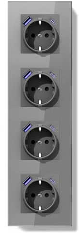 BSEEDLIFE Prise Schuko Encastrée Norme UE,Prise Murale 16A avec Cadre en Verre,Charge Rapide avec Port de Type A/C,Griffes Rabattables,Type F avec Terre,4 Voies 299 * 86mm Gris