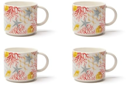 Excelsa Coral Set aus 4 Teetassen aus New Bone China mit Korallenmuster und Seesternen