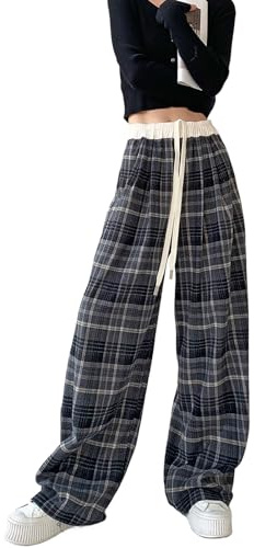 Skateboard Frog Damen Karo-Hose mit Locker Weite Beinen & Hoher Bund - Elastizbund mit Kordelzug im Farbblock-Design y2k Goth Kariert Freizeithose