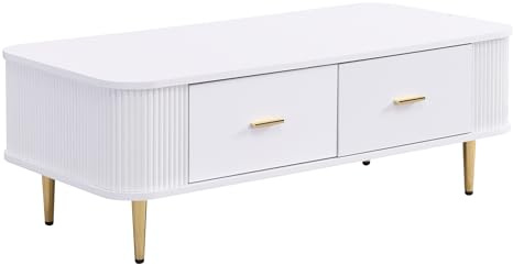 Merax Table basse 105 x 51 x 38 cm, avec 4 tiroirs, poignées et pieds dorés, coins arrondis, matériau MDF, design moderne, pour salon, blanche