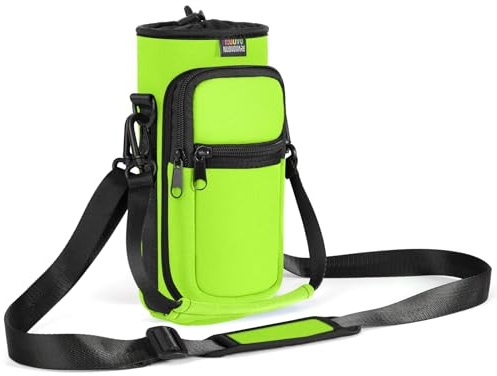 Nuovoware Water Bottle Carrier Bag, 750ml Bottle Pouch Holder, Adjustable Shoulder Hand Strap 2 Pocket Sling Neoprene Sleeve Sports Accessories for Hiking Travelling, Fluorescent Green