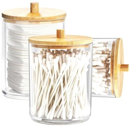 Zorplex Set de 3 Recipientes de Almacenamiento de Acrílico Transparente con Tapa, para Bastoncillos de Algodón, Discos Desmaquillantes, Bolas de Algodón, Accesorios de Baño o Tocador (Transparente)