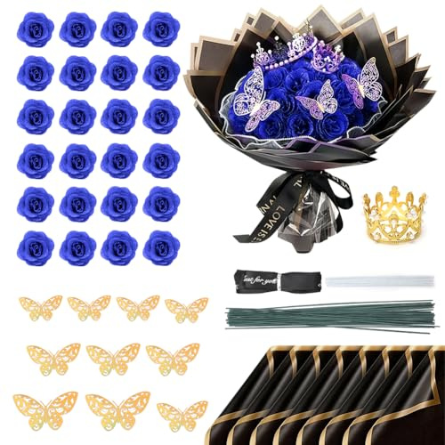 FARYODI Glitzer Rosenstrauß 24 Stück, DIY Gefälschte Glitzer Rosen Blumenstrauß mit Krone Geschenke für Hochzeit Jubiläum Verlobung Geburtstag Weihnachten Valentinstag (Blau)