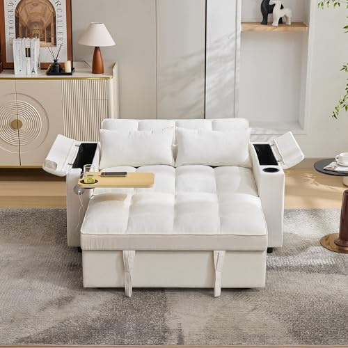A ALFRESCOOL Schlafsofa 3-in-1, Sofa mit Schlaffunktion, Cloud-Sofa, Boneless Couch mit Verstellbarer Rückenlehne, USB-Anschluss, Auszug, Ausgestattet mit Verstecktem Tisch, Getränkehalter (Beige)