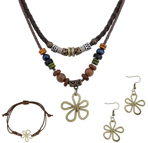 Mikovivi Mehrschichtige Holzperlen Halskette mit Hohle Blumen Ohrringen & Armband, Unisex Boho Hippie Accessoires Bohemian Schmuck für Männer und Frauen