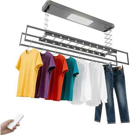 EUAIIPull Wäscheständer Deckenmontage mit Fernbedienung und LED-Beleuchtung Elektrischer Ausfahrbarer Decken Wäschetrockner Hebender Decke Tragkraft 35kg Grau