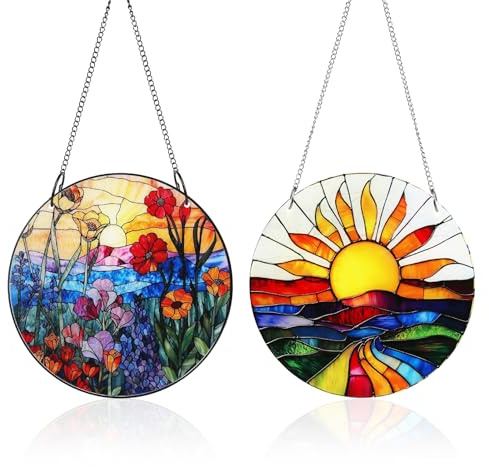 2 Stück Sonnenfänger Fenster Acryl Fensterdeko Sonnenfänger Buntem Glas Effekt Suncatcher mit Kette Fensterdeko Hängend für Fenster Terrasse Wand Haus und Garten (20x20cm)