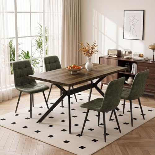 ANVOFONG Esstisch mit 4 Grün Stühlen,Table à Manger Couleur Noyer | Essgruppen Esstischmit technisches Esszimmerstühle,Rechteckig Esstisch aus Holz,für Küche Esszimmer und Wohnzimmer