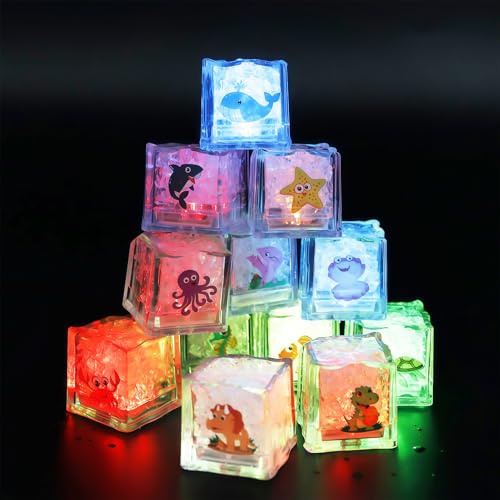12 Stück Bunten Leuchtende Eiswürfel, Badewannenspielzeug mit Tiermotiv | Badespielzeug Leuchtend, LED Eiswürfel, für Wasserspielzeug, Badespielzeugs, Light Up Sensorik Spielzeug, Getränke