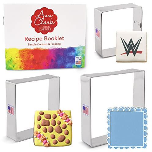 Ann Clark Cookie Cutters Juego de 3 cortadores de galletas cuadrado con libro de recetas - 6,5 cm, 7,6 cm y 8,9 cm