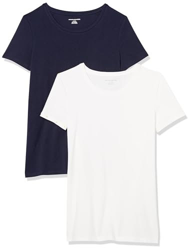 Amazon Essentials Maglietta Girocollo a Maniche Corte vestibilità Regolare Donna, Pacco da 2, Bianco/Blu Marino, L