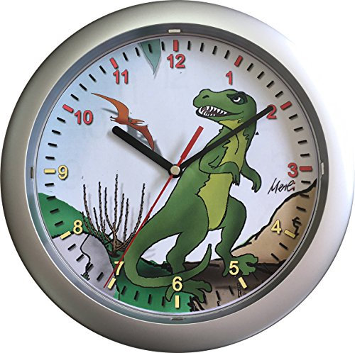 Eurotime Kinderwanduhr, 25 cm, Kunststoffgehäuse Silber, Kunststoffglas, Motiv Dinosaurier, geräuscharmes Uhrwerk, kein Ticken, Wanduhr für KInderzimmer, Schwarze Zeiger, rote Sekunde; 80050