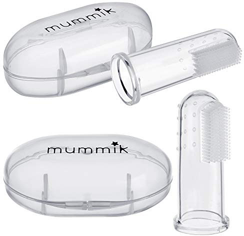 Mummik Silicone Baby Finger Toothbrush - 2 Pack, Soft Safe Silicone Oral Massage Teething Toothbrush for Baby Girl Boy Unisex with Storage Case, Food Grade Silicone, BPA Free