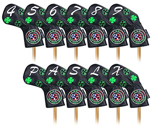Big Teeth Golf Iron Covers Iron Head Covers, Lucky Clover Iron Covers Long Neck Golf Iron Head Covers, 11Pcs Golf Iron Covers Set Golf Club Covers for Irons Fit Taylormade SIM Cleveland Callaway Etc