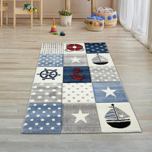 Kinderteppich Spielteppich Junge Teppich Maritim kariert in blau Creme grau Größe 80x150 cm