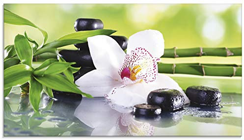 ARTLAND Küchenrückwand Glas mit Motiv Spritzschutz 90x50 cm Design Asien Orchideen Blumen Blüte Natur Bambus Zen Steine Grün T9IQ