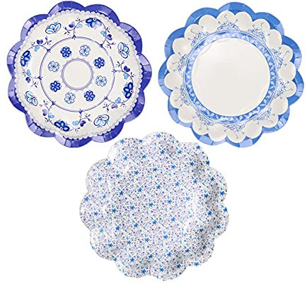 CheeseandU 12Pack Chinese Style Blue and White Porcelain Paper Plates Set 7.1inches 3Design Floral Vintage Disposable Party Plate Wedding Lace Plate Festive Dinner Plates Tea Party Bundle