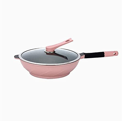 Sartén Wok vitrocerámica Wok con Tapa no Palo | Sartén de Base de Acero Inoxidable Grande de 32 cm | Sartén para freír sin Palo con Cubierta | Funciona con Todas Las Principales fogones, Rosa