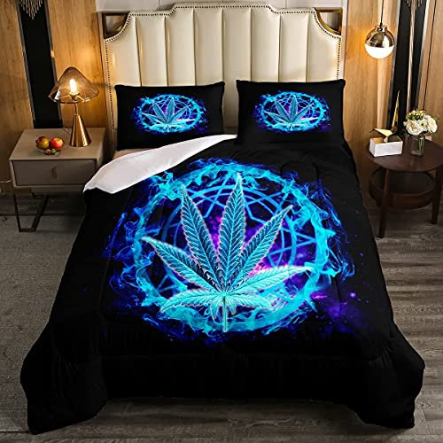 Marihuana Gras Blatt Bettdecke 135x200cm Traumfang Cannabis Steppbett für Kinder Jungen Cannabis Beschwingt Blau Dekor Tröster Verträumt Hanf 4-Jahreszeiten Bettdecke mit 1 Kissenbezügen 2St