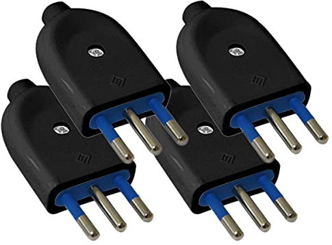Lot de 4 prises électriques, fiche 2P+T 250 V, fiche italienne plate (petite fiche 10 A, noire)