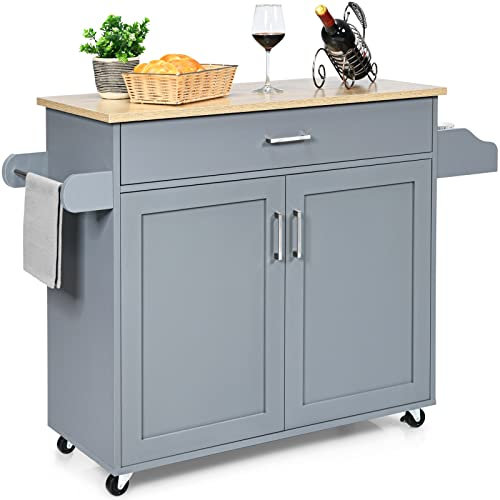 COSTWAY Carrito de Cocina Carro de Servicio Comedor con Ruedas,Toallero,Cajón, Puerta y Estantes Gabinete Mueble de Cocina (gris)