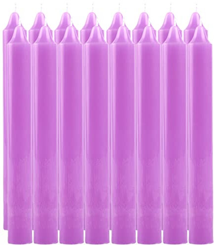 Pack de 16 Velas Cilíndricas de Parafina Pura y Mecha de Algodón, 17.5 cm - Larga Duración, Sin Perfume, Ideal para Decoración, Rituales y Eventos - Lila