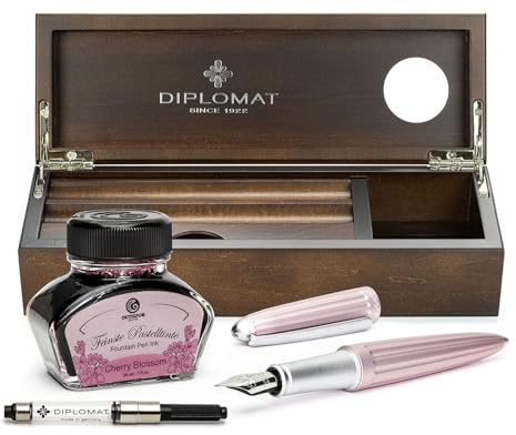 Fountain pen set Diplomat Aero antique rose with colour matched fountain pen ink, writing set with a pen tray made of precious wenge wood